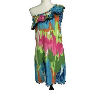 Mud Pie Bag Lady Watercolor One Shoulder Dress, Medium, 100% polyester